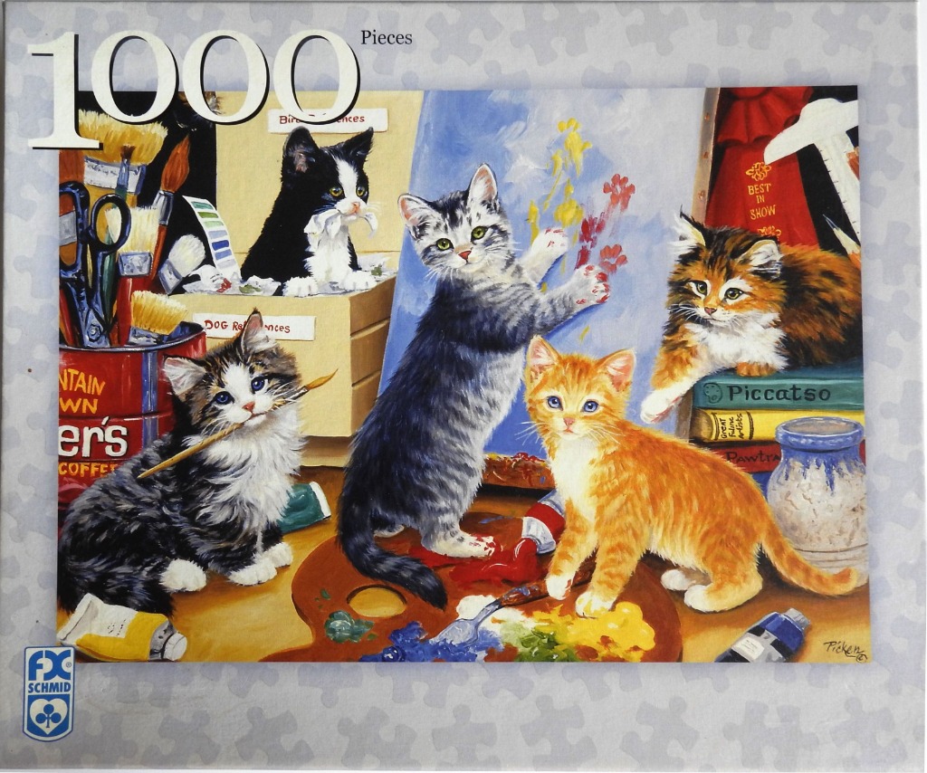 Five kittens engaging in artistic activities in an art studio setting.