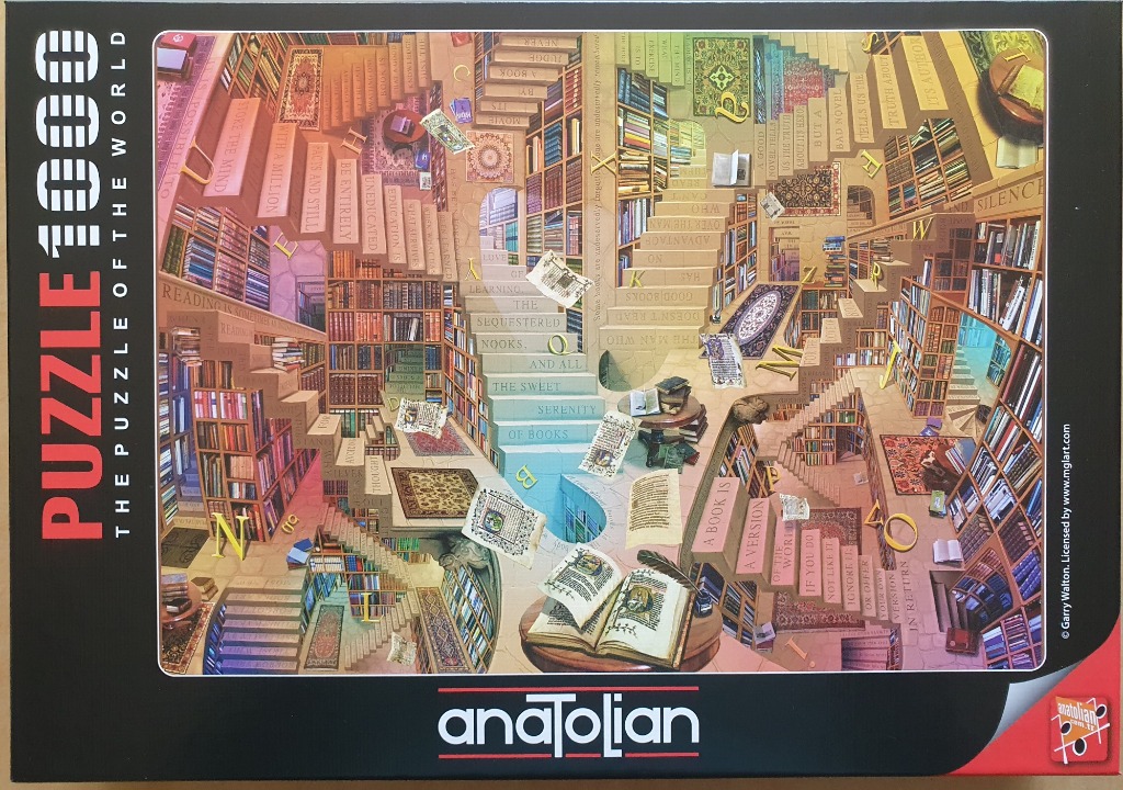 An Escher-inspired impossible library with winding staircases, floating book pages, and shelves filled with books.