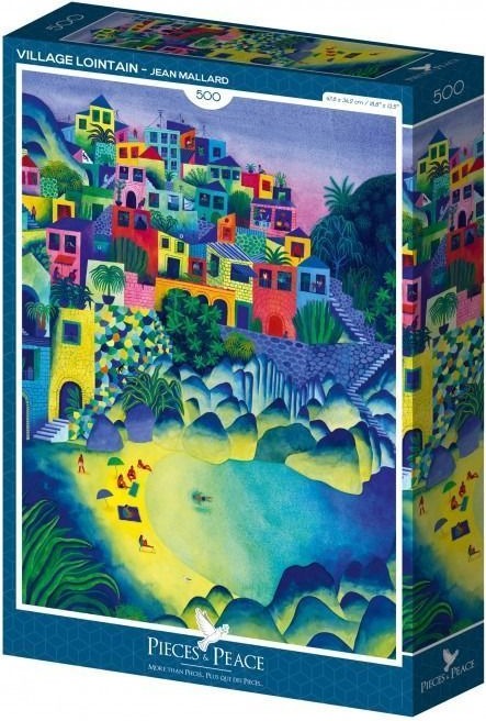 A whimsical illustration of a colorful hillside village overlooking a tropical beach cove.