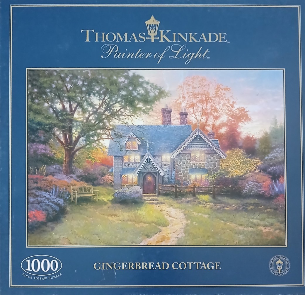 A cozy stone cottage with glowing windows surrounded by trees and a flower-filled garden at twilight.
