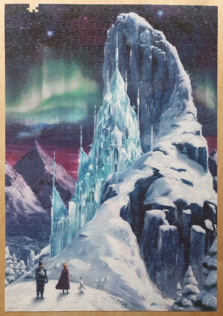 An illustration of an ice castle on a snowy mountain under an aurora borealis.