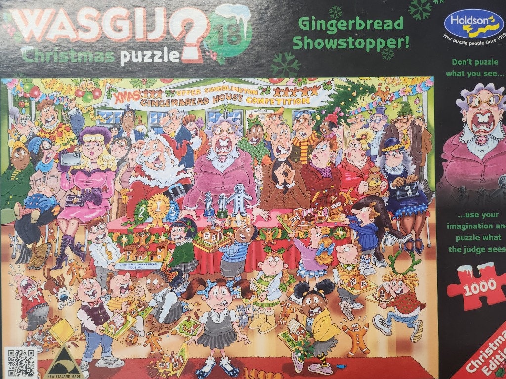 A chaotic cartoon scene of a gingerbread house competition with many surprised, anxious, and bewildered people.