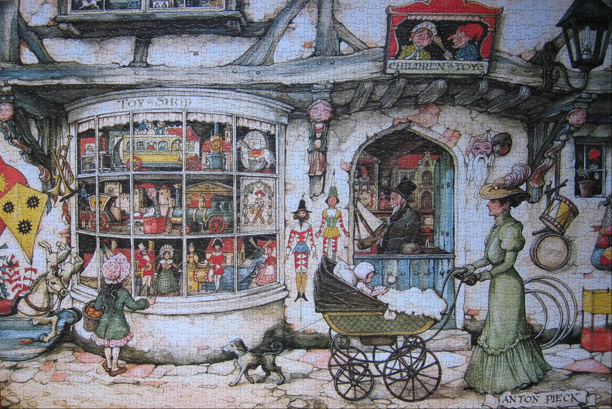 A detailed illustration of an old-fashioned toy shop storefront with shoppers and a Victorian-era street scene.