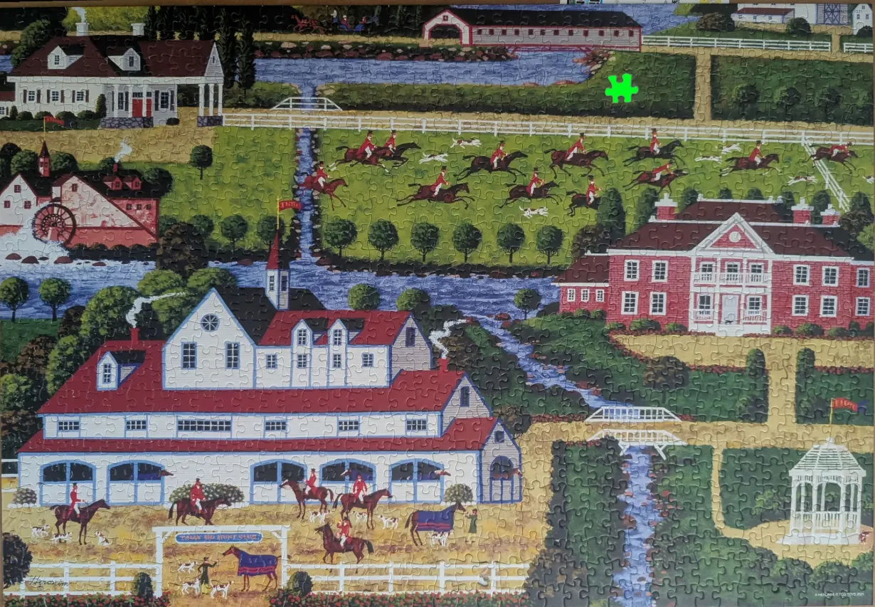 Folk art illustration of a fox hunt club on a sprawling country estate with horses and riders.