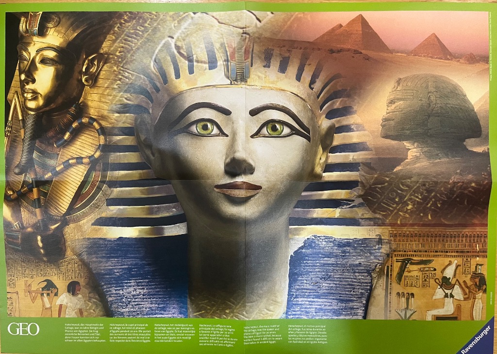 A collage of ancient Egyptian imagery including pharaonic busts, pyramids, and hieroglyphic carvings.