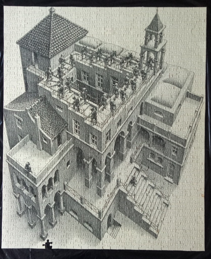 Black and white line drawing of M.C. Escher's Ascending and Descending architectural optical illusion.