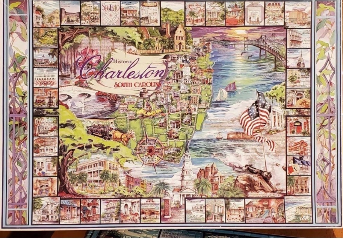 Illustrated map collage of historic Charleston, South Carolina, featuring landmarks and a coastal view.