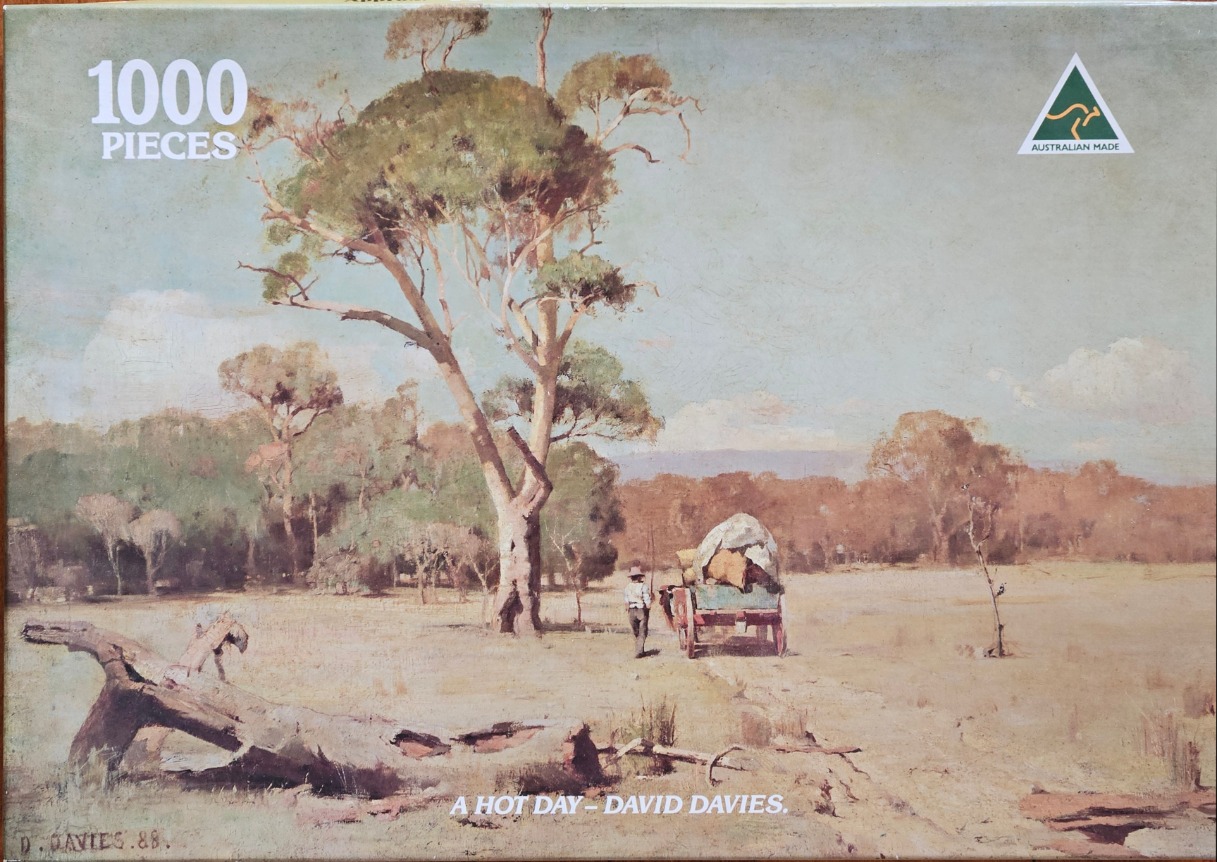 An impressionist landscape painting of an Australian bush scene featuring a man with a wagon near a large gum tree.