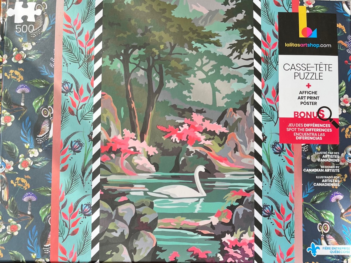 An illustration of a serene pond with a white swan, surrounded by stylized forest foliage and owl-patterned borders.
