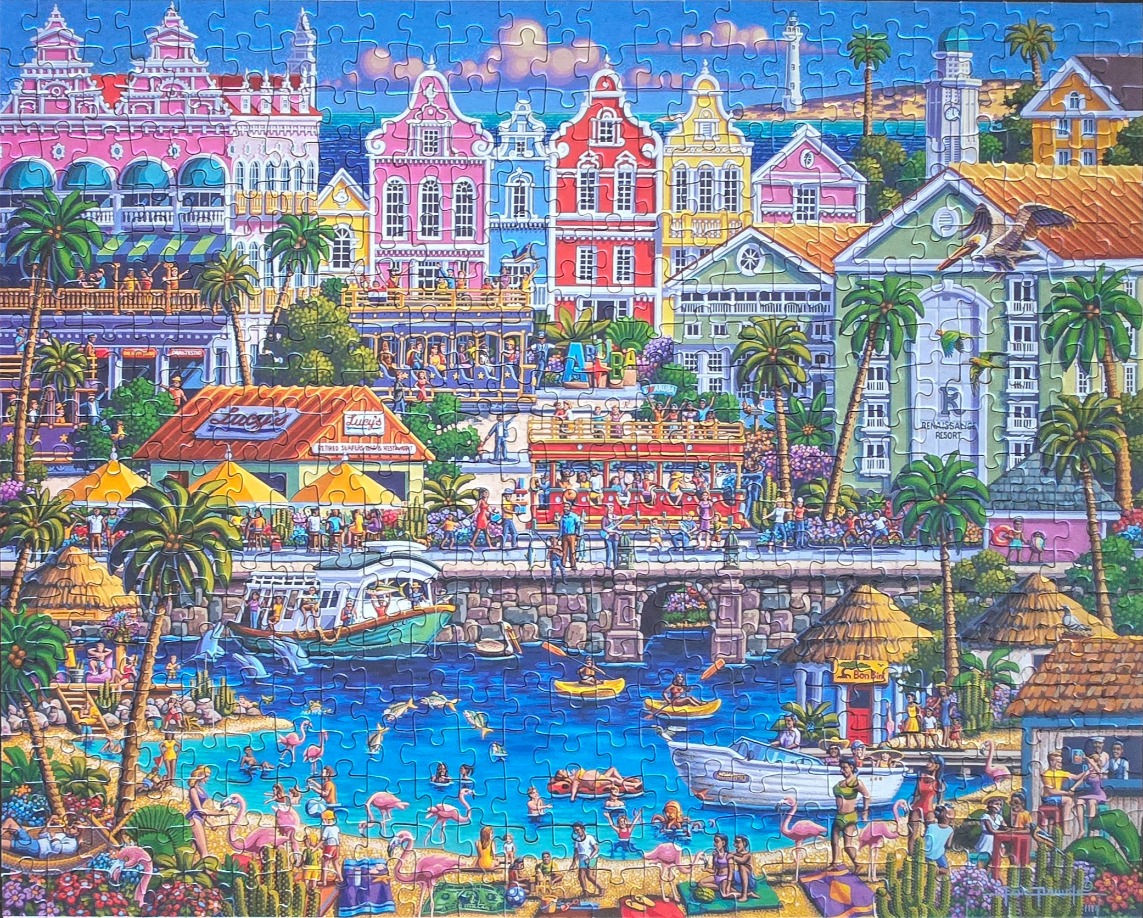 Illustration of a vibrant Caribbean resort waterfront with colorful colonial-style buildings and a flamingo beach.