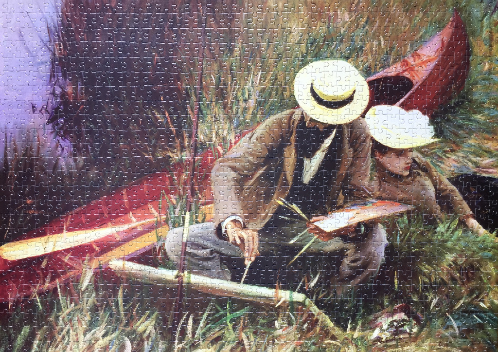 Impressionist oil painting of a man and woman with a red canoe in tall grass