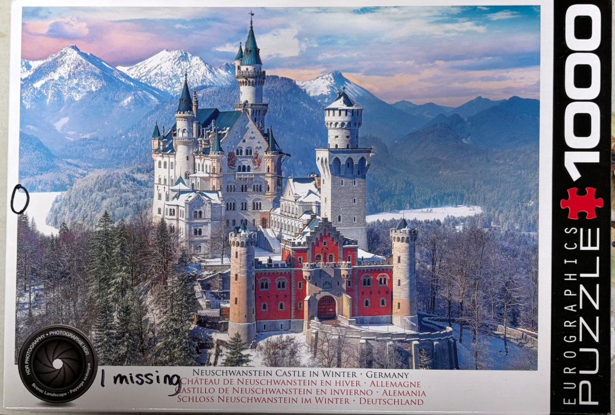 Neuschwanstein Castle in winter with snowy mountains in the background.