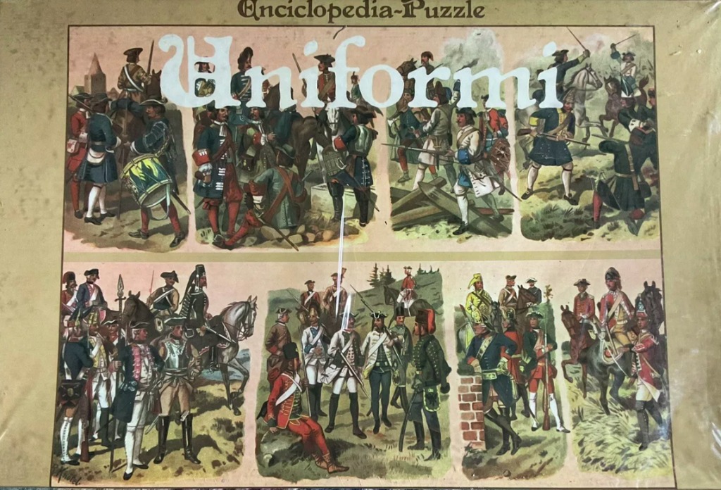 Historical military illustration showing a collage of soldiers in 18th-century uniforms