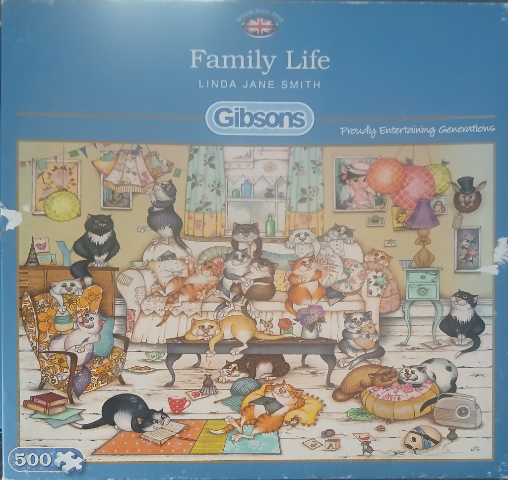 An illustration of a chaotic, cozy living room filled with many cartoon cats.