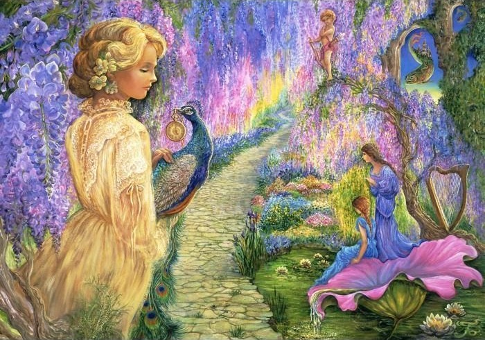 A blonde woman in a Victorian gown holds a peacock, overlooking a magical garden path with wisteria and water nymphs.