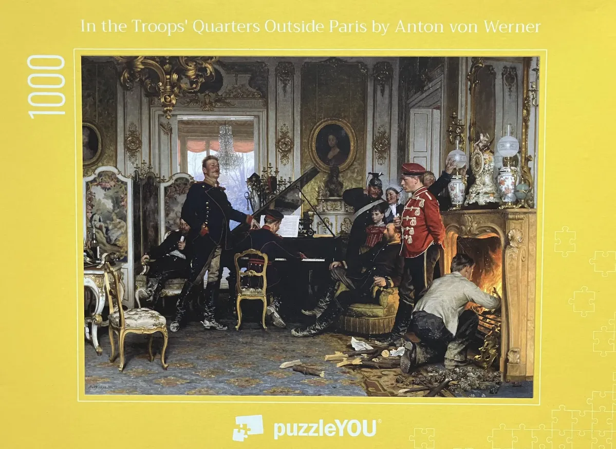 An oil painting of 19th-century Prussian soldiers relaxing in an ornate, opulent French parlor.