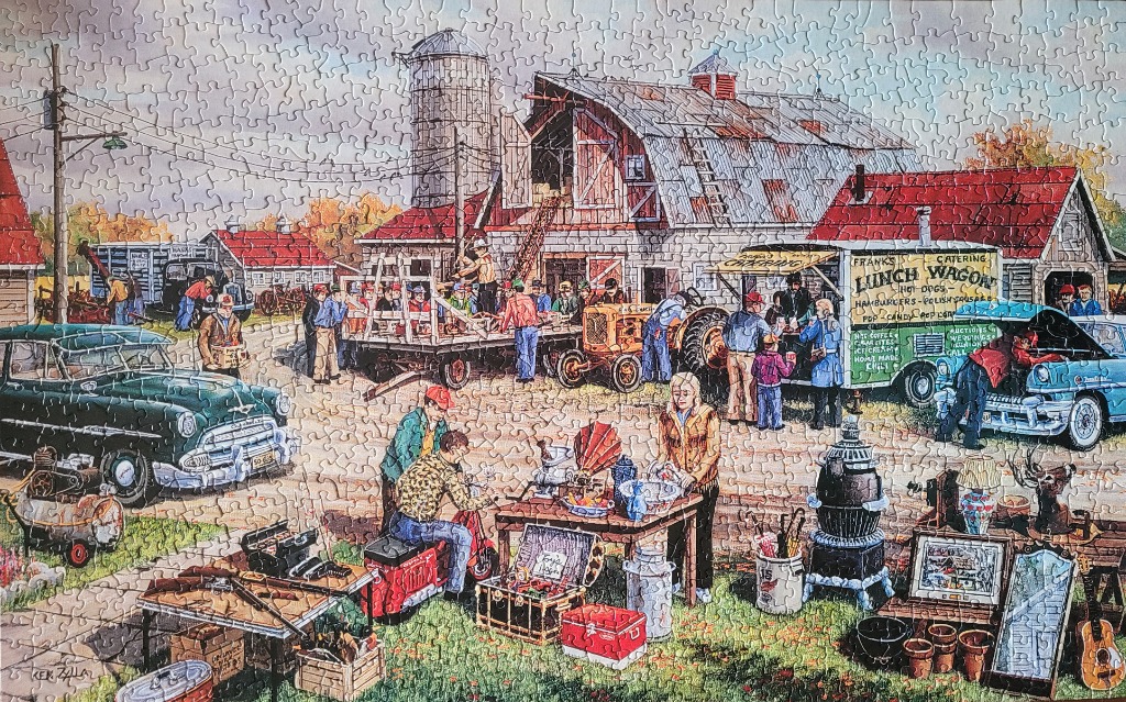 A nostalgic rural farm auction scene with people, vintage cars, and antiques spread across a grassy yard.