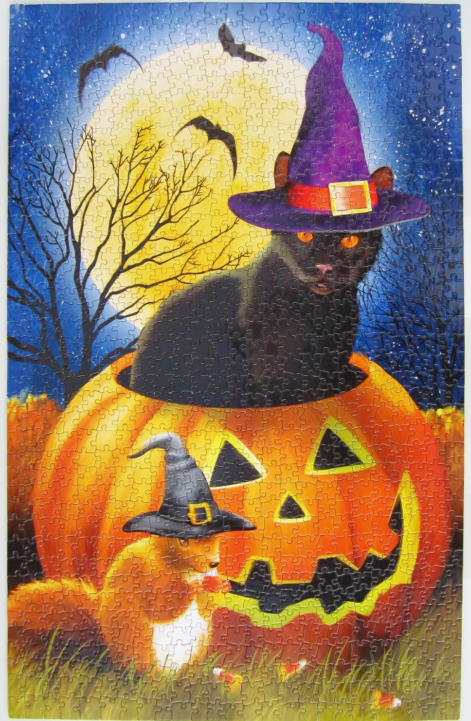A black cat in a witch hat sits inside a large jack-o'-lantern with a squirrel in a matching hat in front.