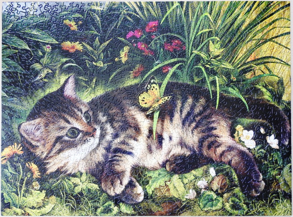 A fluffy tabby kitten lying in a lush garden with a yellow butterfly on its back.