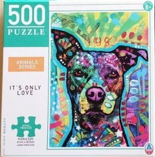 Colorful mixed-media portrait of a dog's head with abstract patterns.
