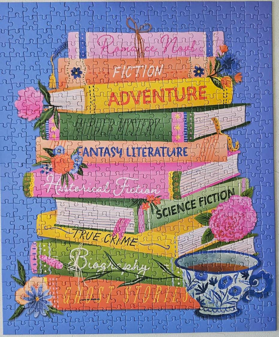 An illustration of a stack of colorful books with various genres written on their spines against a blue background.