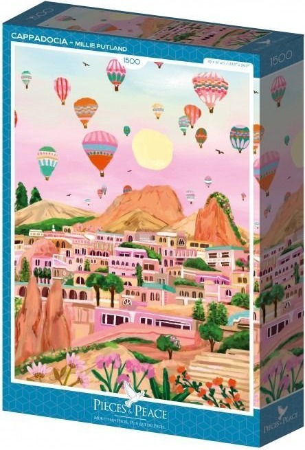 A whimsical illustration of Cappadocia featuring a town with stone buildings and many colorful hot air balloons in the sky.