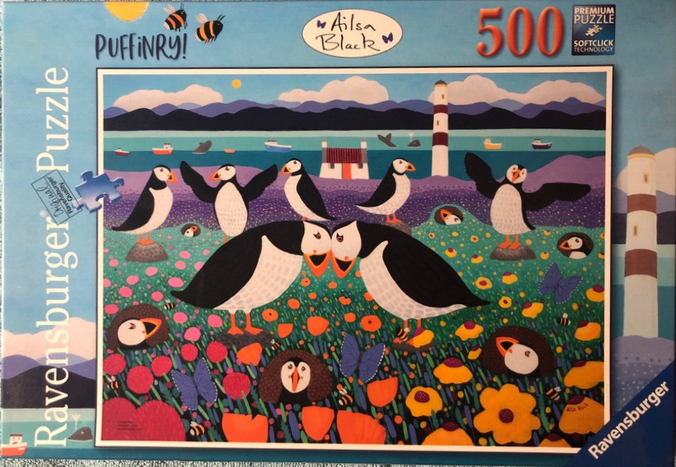 A whimsical illustration of many puffins in a vibrant flower meadow by a seaside lighthouse.