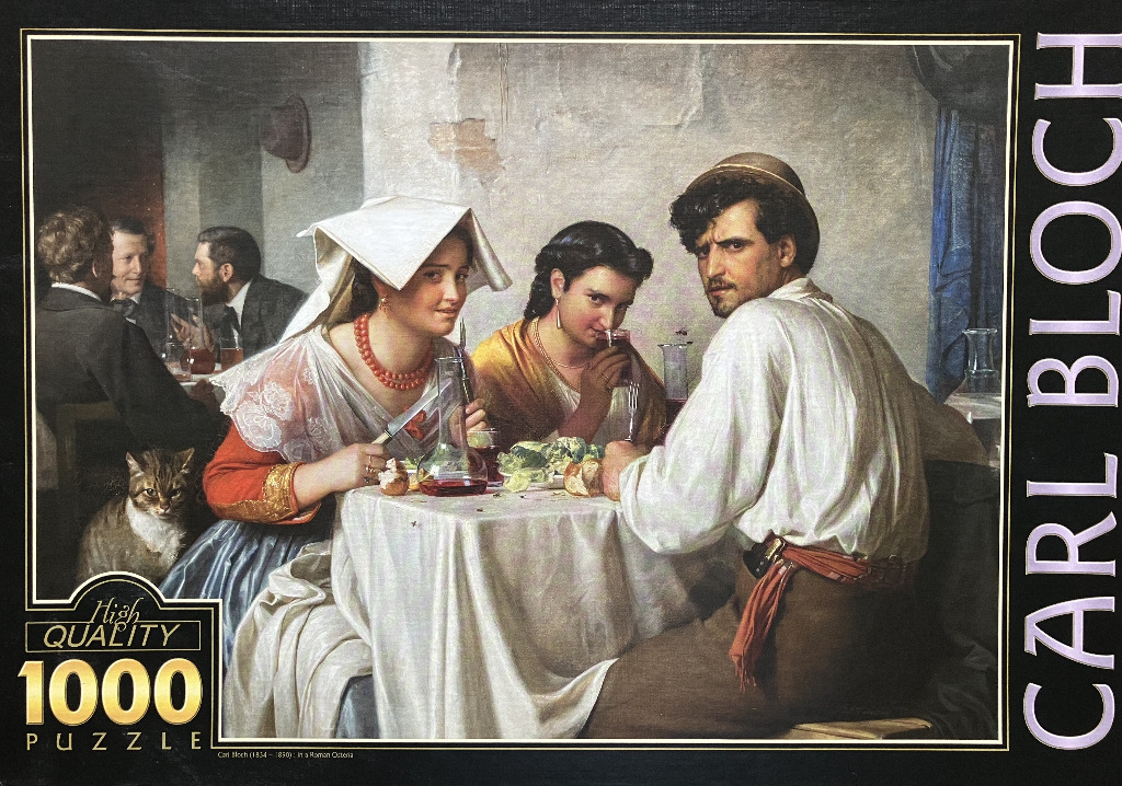 A 19th-century oil painting depicting a man and two women seated at a table in a rustic Roman tavern.