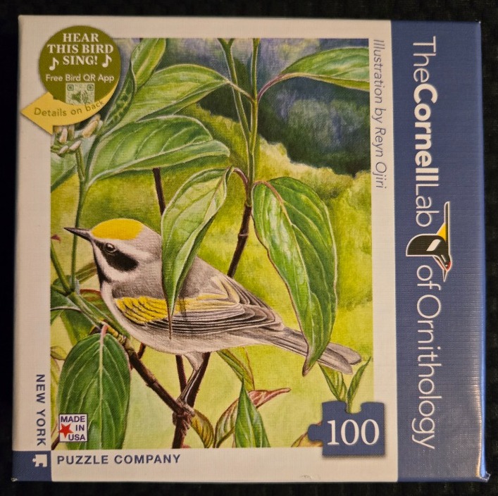 A detailed illustration of a golden-winged warbler perched on a branch amidst green leaves.
