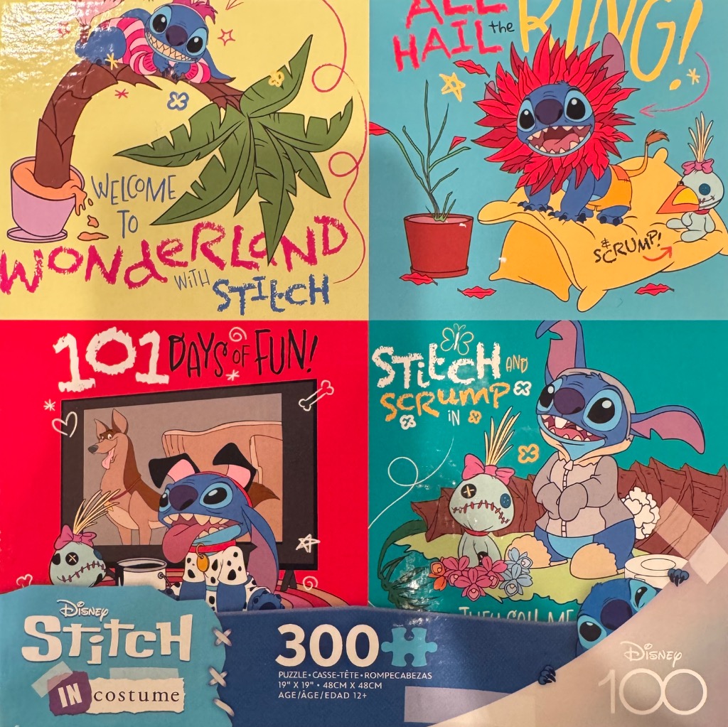 Four illustrated panels showing the character Stitch in various costumes and themes with bright, playful colours.