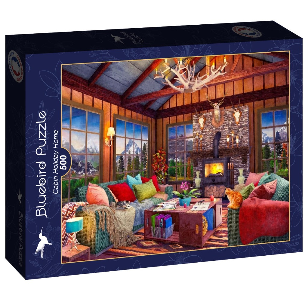 Cozy mountain cabin living room scene with a fireplace, antler chandelier, and a cat sitting on a red sofa.