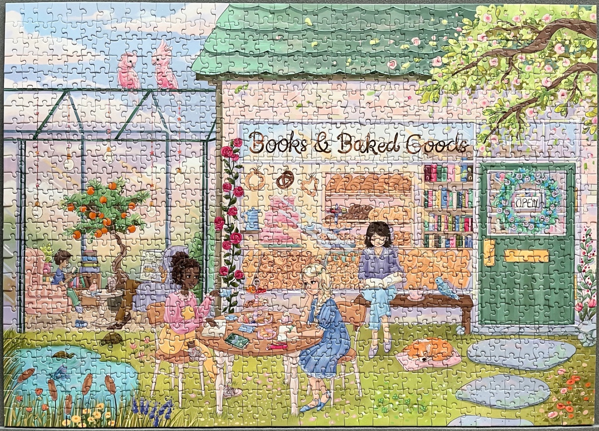 A cozy illustration of a bookstore and bakery café with people reading and drinking tea in a garden setting.