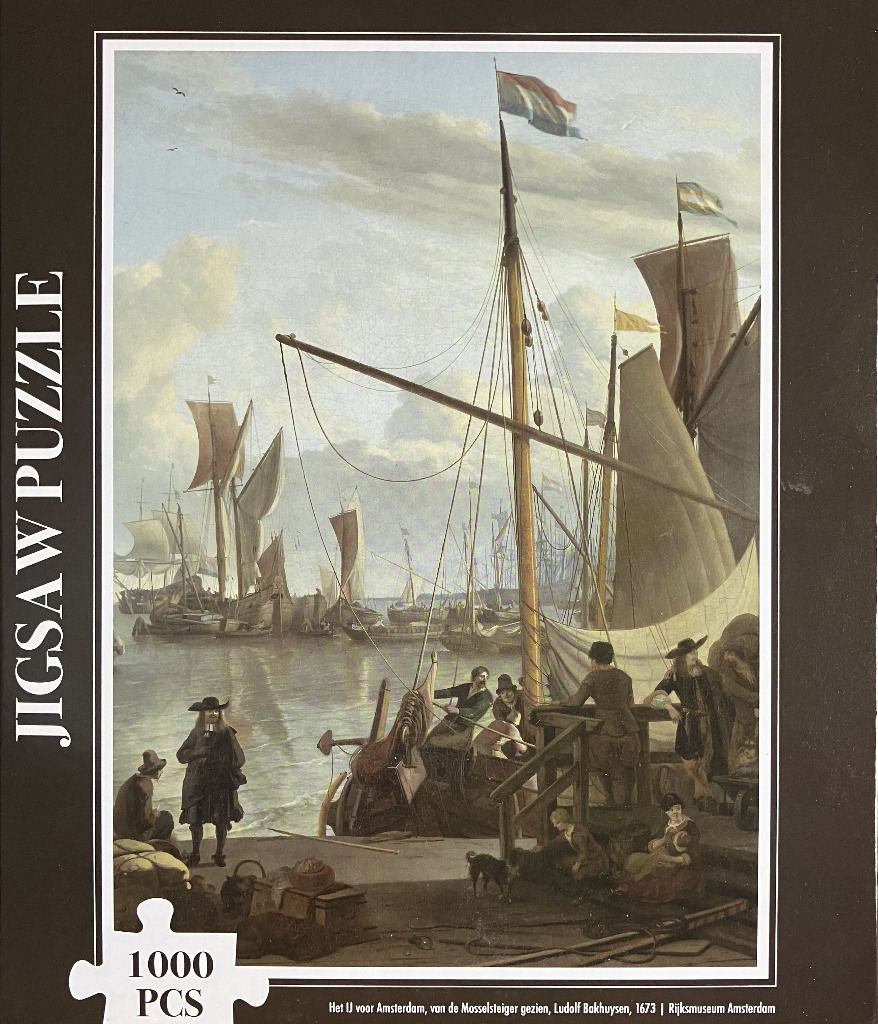 A 17th-century oil painting of the IJ harbor in Amsterdam with ships and figures at the dock.