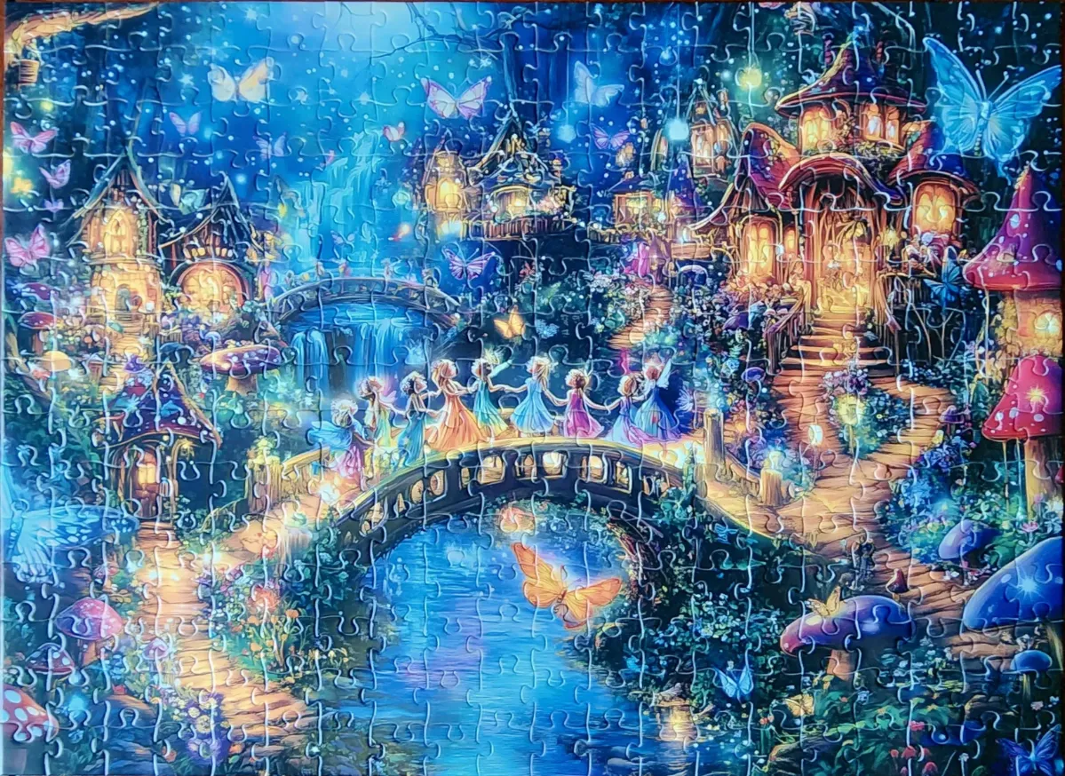 Whimsical fantasy scene of fairies dancing on a bridge in a glowing magical woodland village.