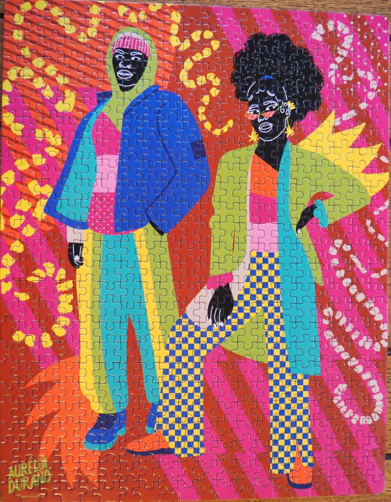 Vibrant pop-art illustration of two stylish Black figures standing against a neon, abstract background.