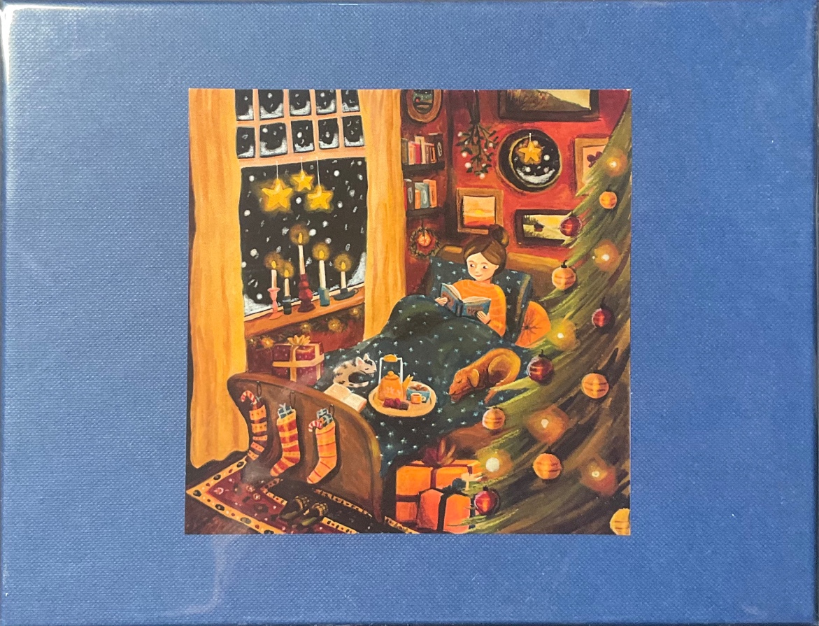 An illustration of a girl reading in bed next to a Christmas tree on a snowy night.