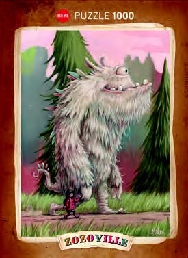 A whimsical illustration of a friendly, one-eyed furry monster walking through a forest with a small child.