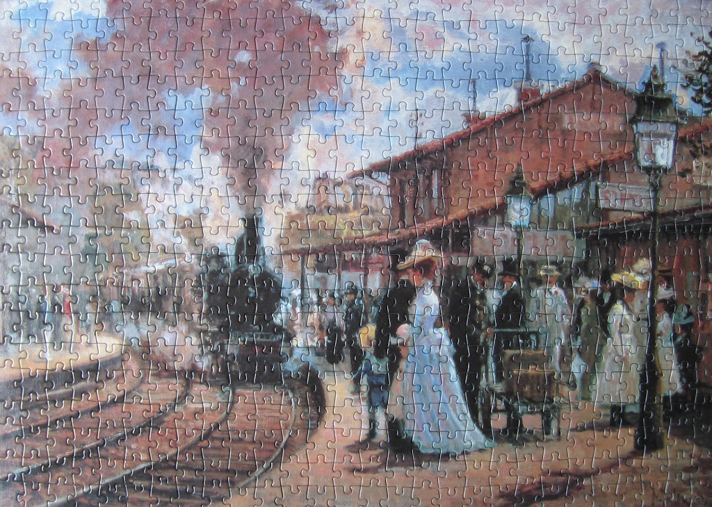 Impressionist oil painting of a Victorian-era train station platform with passengers and a steam engine.