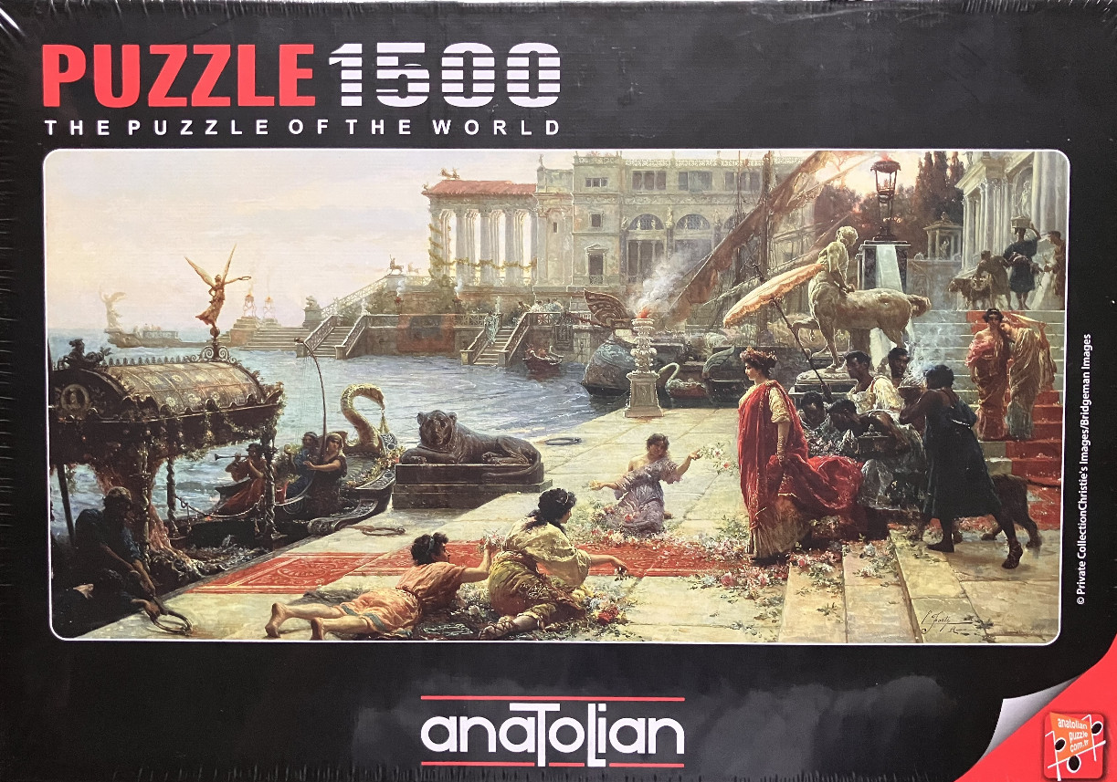 An oil painting depicts figures in classical robes scattering flowers on a harbor promenade in Ancient Rome.