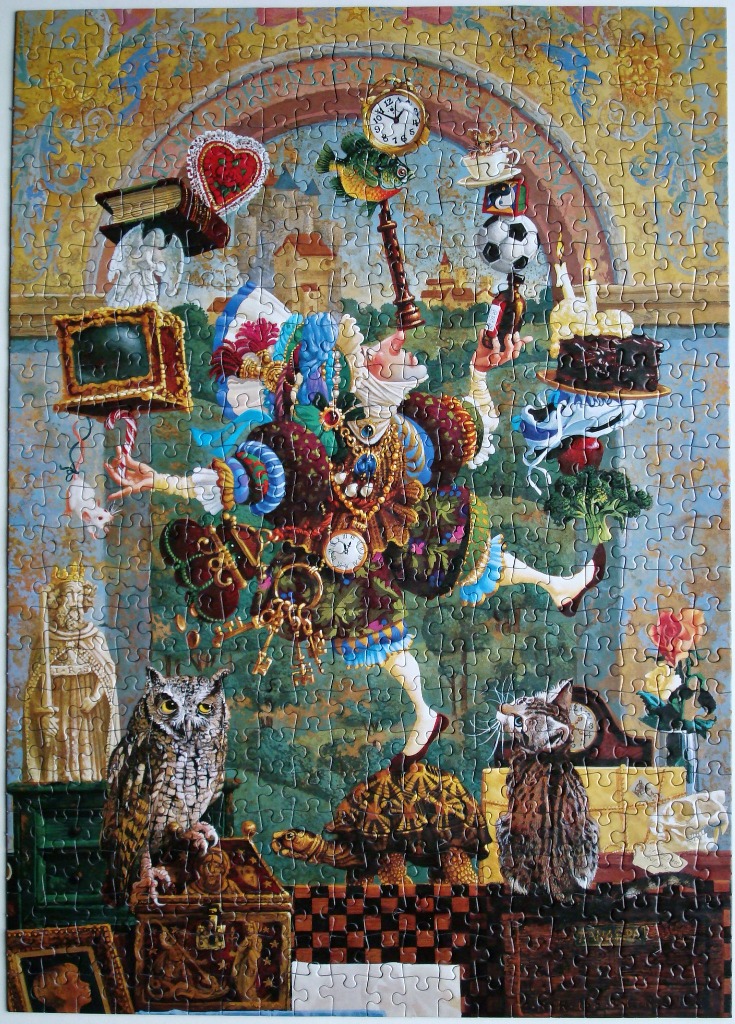 A whimsical illustration of a Jester juggling eclectic objects like a clock, soccer ball, and cake atop a giant tortoise.