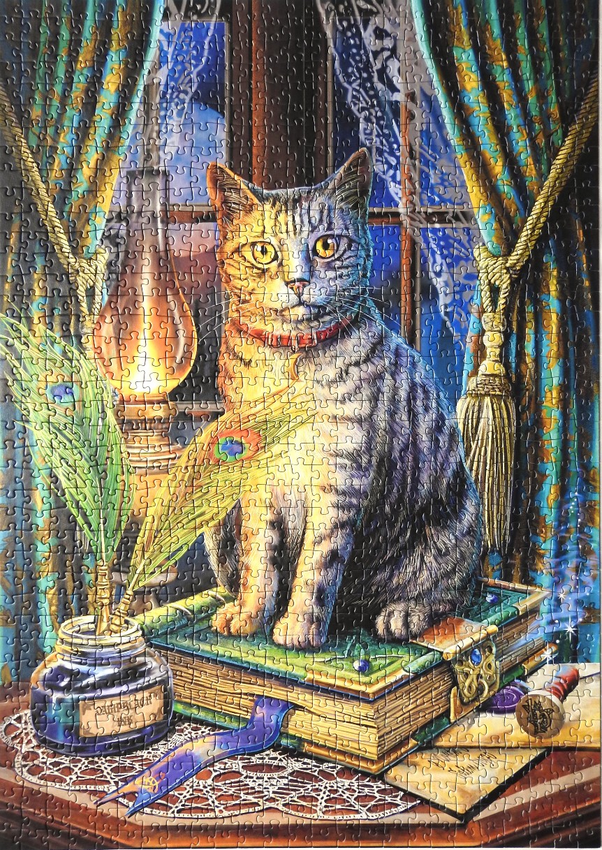 A tabby cat sits on a leather book on a desk in front of a window with an inkwell, quill, and oil lamp.
