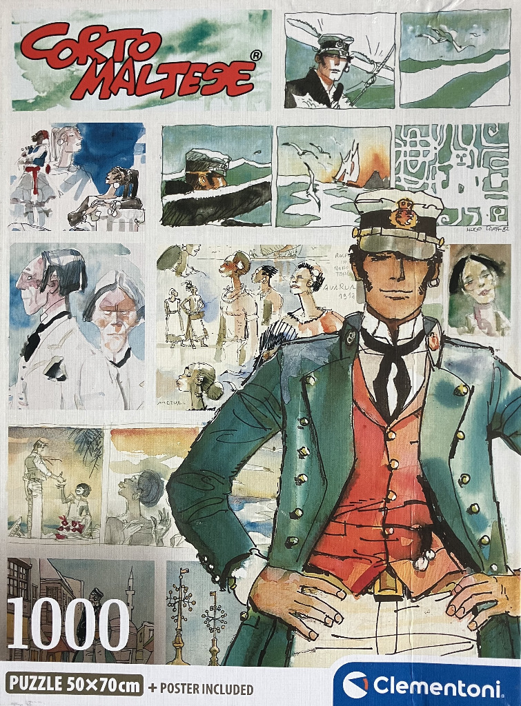 Collage of Corto Maltese illustrations featuring the captain in his signature coat and cap.