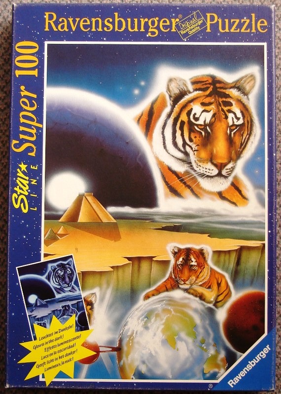 A surreal celestial illustration featuring two tigers, pyramids, and a glowing Earth against a dark space background.