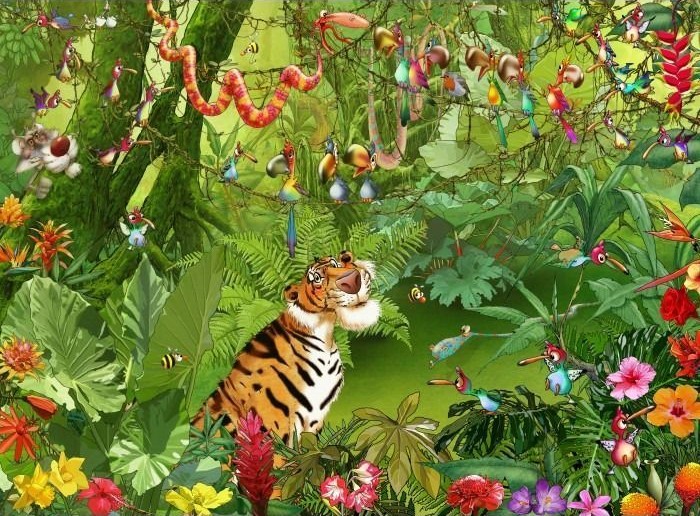 A whimsical illustration of a tiger surrounded by vibrant tropical birds and lush jungle flora.