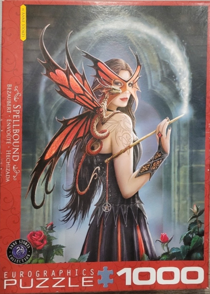 Fantasy art of a woman in a mask with a small dragon and wings standing in a stone archway.