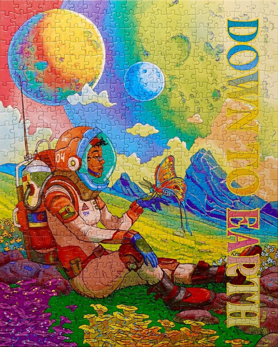 A futuristic astronaut sitting in a vibrant landscape interacting with a large, colorful moth under a two-mooned sky.