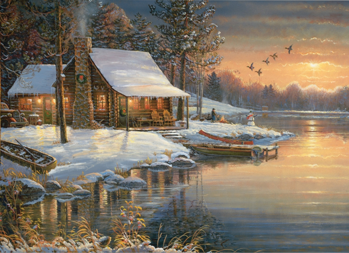 A cozy log cabin beside a snowy lake at sunset.