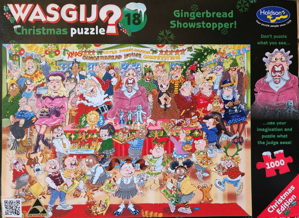 Cartoon illustration of a chaotic gingerbread house competition with numerous colorful, exaggerated characters.