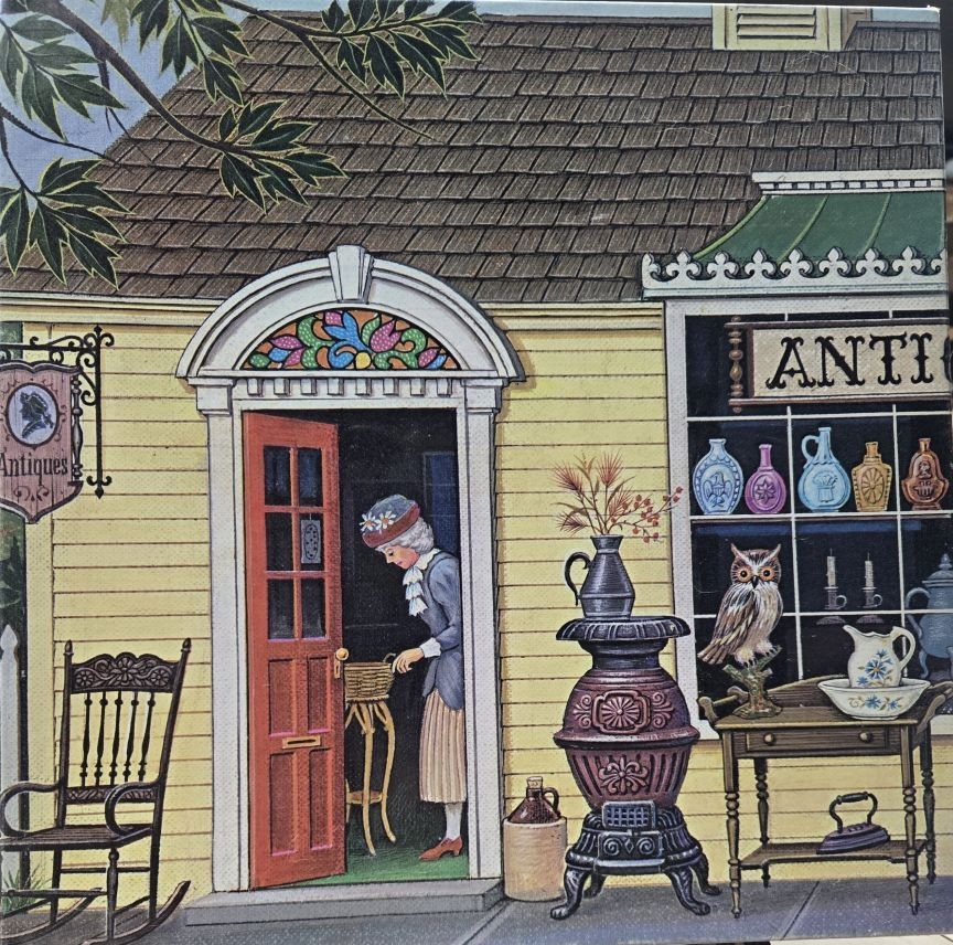 Illustration of an elderly woman entering a quaint antique shop with a rocking chair and old stove on the porch.