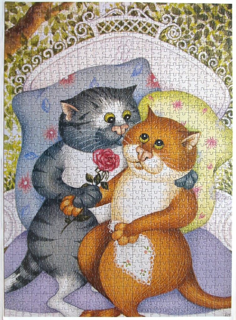 Two cartoon-style cats, one grey and one ginger, embracing in a garden setting.